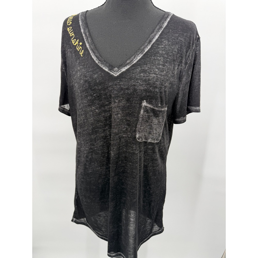 Peace & Pearls T-Shirt Women Medium Black Good Hello Sunshine Burnout Pocket